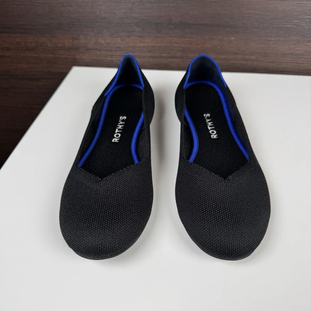Rothy's The Flat Round Toe Womens Sz 8.5 US Black Blue Halo Ballet Flats Shoes